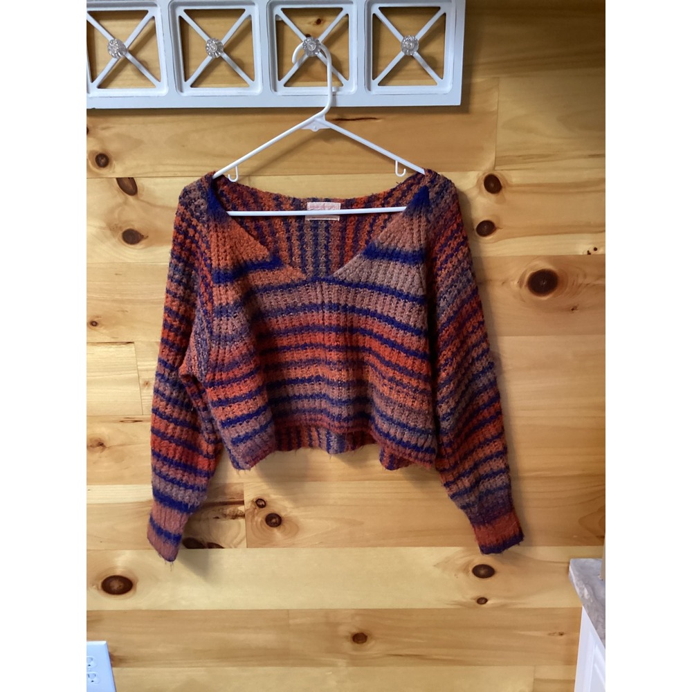 Urban Outfitters Cropped Boucle Striped V-Neck Sweater Orange Purple Blue Small